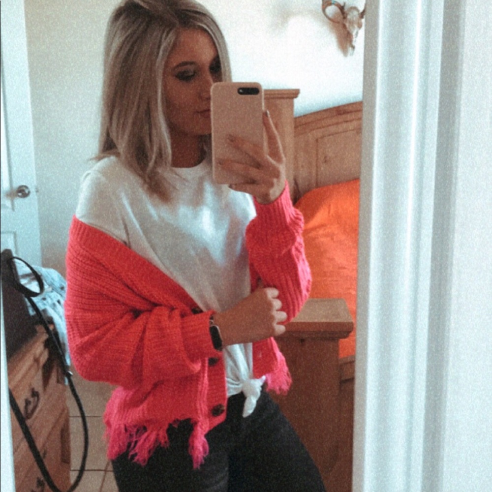 Hot pink cardigan!